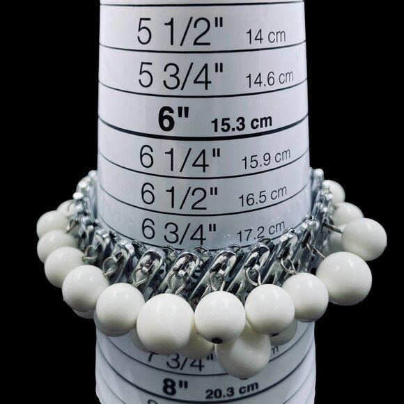 Chunky Silver Chain Bracelet White Beaded Stretch Statement Bold Modern Chic - Picture 9 of 9